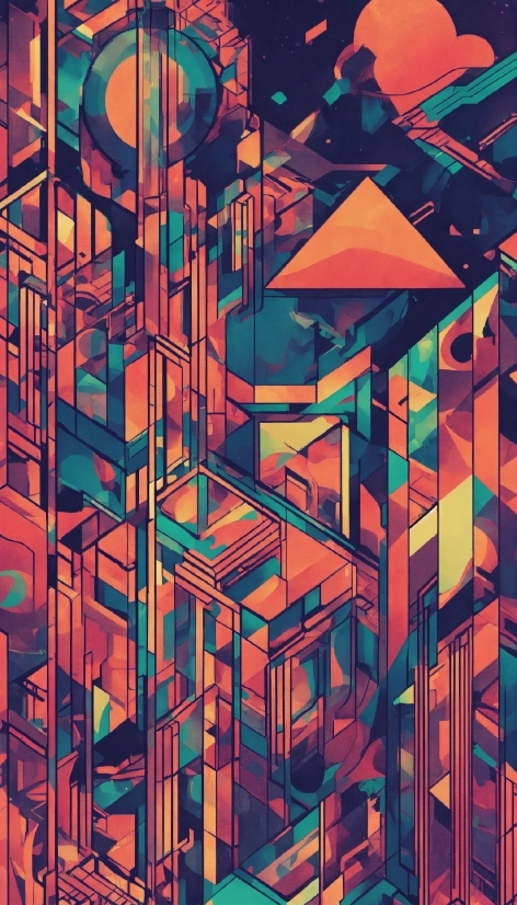 Building, Rectangle, Orange, Triangle, Art, Painting