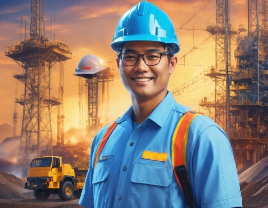 Glasses, Smile, Workwear, Hard Hat, Tire, Sky