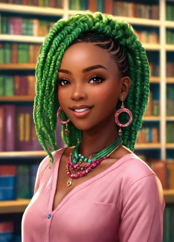 Hairstyle, Smile, Green, Eyelash, Earrings, Bookcase