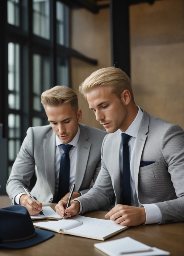 Table, Dress Shirt, Sleeve, Tie, Gesture, Collar