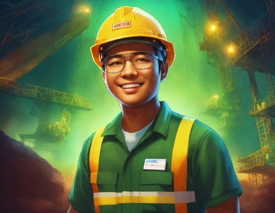 Glasses, Smile, Workwear, Highvisibility Clothing, Helmet, Hard Hat