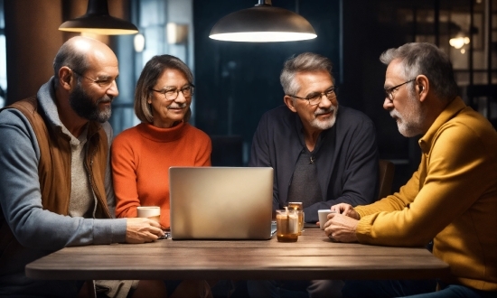 Glasses, Table, Tableware, Lighting, Laptop, Interaction