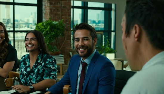 Smile, Shirt, Natural Environment, Tie, Window, Chair