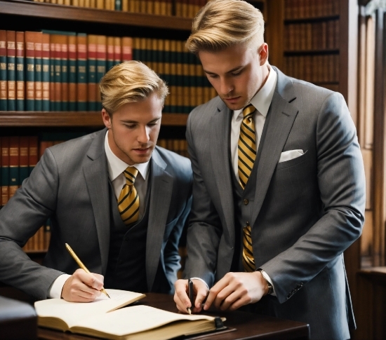 Tie, Bookcase, Gesture, Collar, Sleeve, Shelf