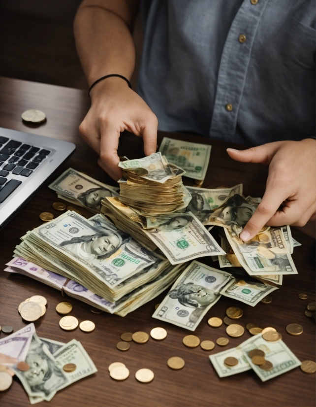 Hand, Laptop, Table, Banknote, Money, Computer Keyboard