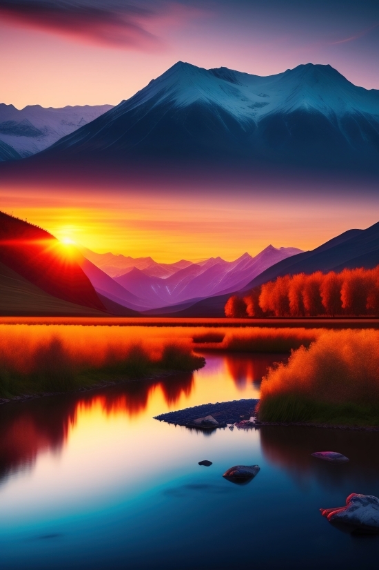 Ai Draw Art, Sunset, Landscape, Sun, Sky, Lake