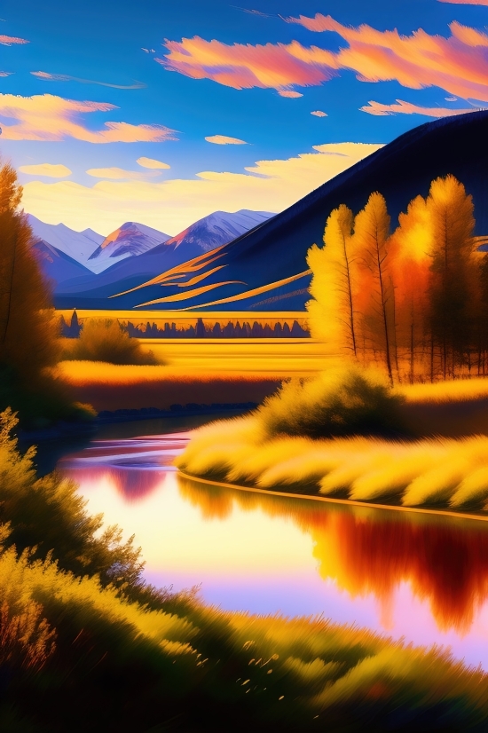 Computer Generated Painting, Sunset, Sky, Landscape, Sun, Sunrise