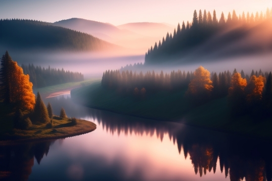 Free Ai Fantasy Art Generator, Reflection, Lake, Sunset, Water, Sky