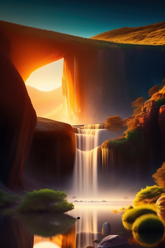 Nightcafe Generator, Sun, Sunset, Canyon, Water, Star