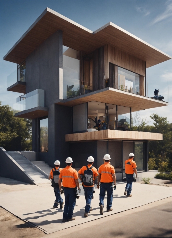 Sky, Highvisibility Clothing, Plant, Tree, Building, Asphalt