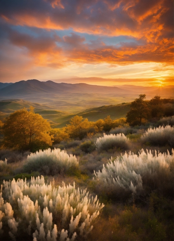 Sky, Landscape, Sun, Sunset, Field, Atmosphere