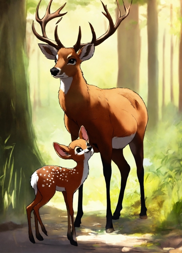 Nature, Deer, Organism, Fawn, Art, Painting