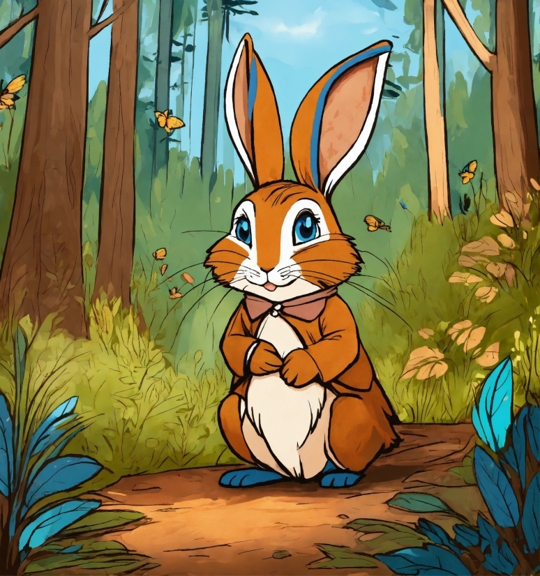 Cartoon, Plant, Rabbit, Organism, Grass, Painting