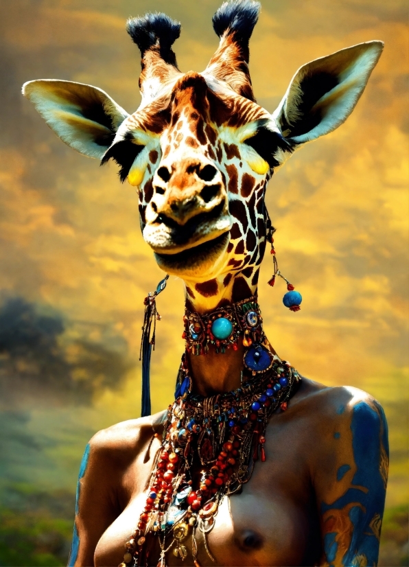 Neck, Giraffidae, Fawn, Headgear, Grass, Happy