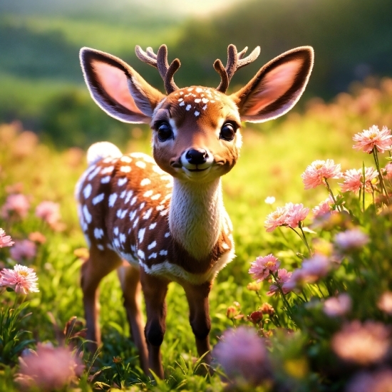 Flower, Plant, Deer, Natural Landscape, Grass, Fawn