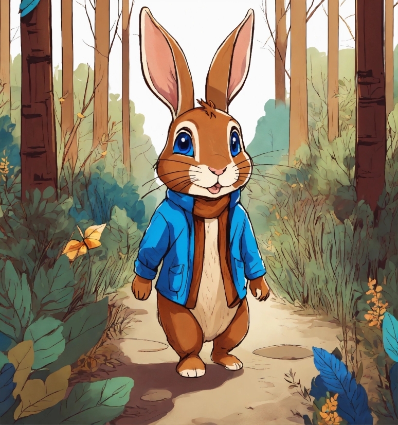 Cartoon, Plant, Blue, Rabbit, Organism, Art