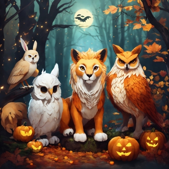 Bird, Orange, Organism, Owl, Art, Fawn