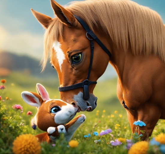 Horse, Plant, Flower, Vertebrate, Cartoon, Nature