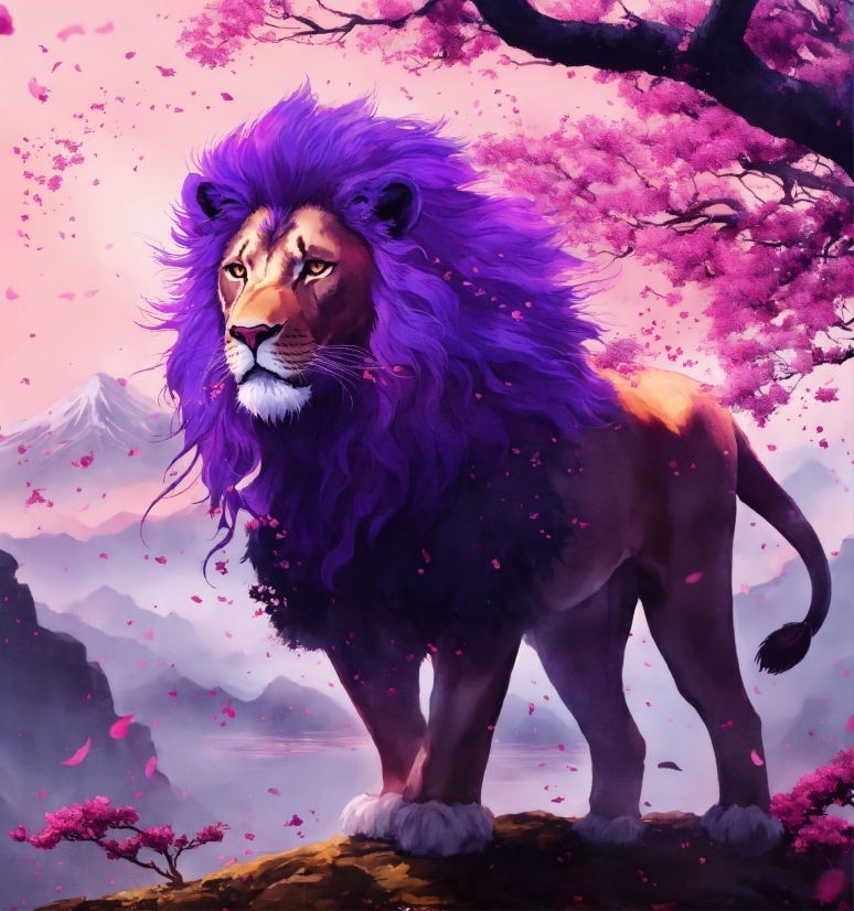 Lion, Felidae, Organism, Purple, Carnivore, Big Cats