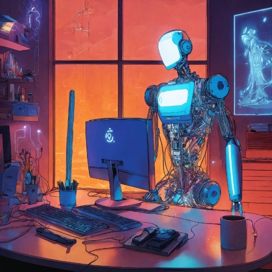 Computer, Blue, Personal Computer, Table, Desk, Entertainment