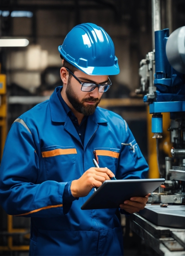 Glasses, Helmet, Workwear, Hard Hat, Blue, Engineer