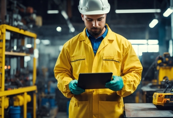 Workwear, Hard Hat, Helmet, Sleeve, Engineer, Yellow