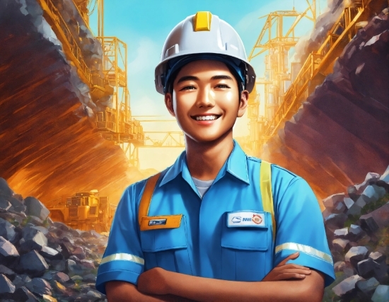 Smile, Helmet, Workwear, Hard Hat, Sky, Gesture