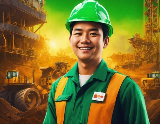 Smile, Workwear, Helmet, Hard Hat, Green, Human