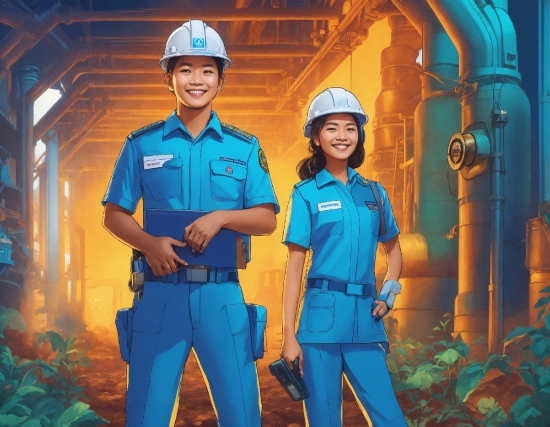 Smile, Helmet, Workwear, Blue, Plant, Gesture