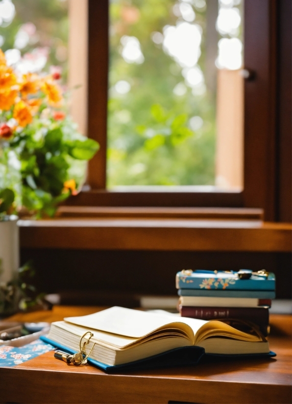 Plant, Window, Table, Flower, Book, Orange