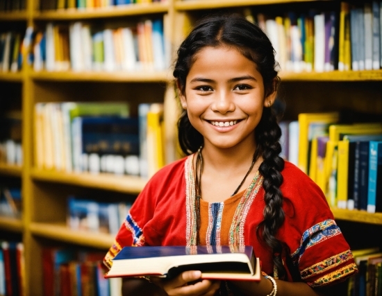 Smile, Bookcase, Photograph, Shelf, Book, Publication