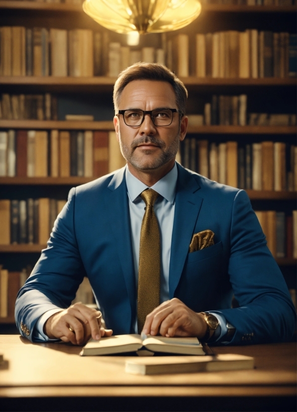 Glasses, Bookcase, Table, Tie, Shelf, Microphone