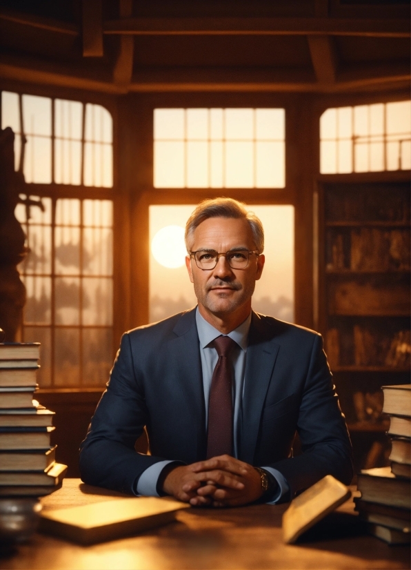 Glasses, Tie, Table, Window, Microphone, Suit