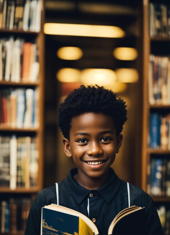 Forehead, Smile, Chin, Hairstyle, Bookcase, Shelf