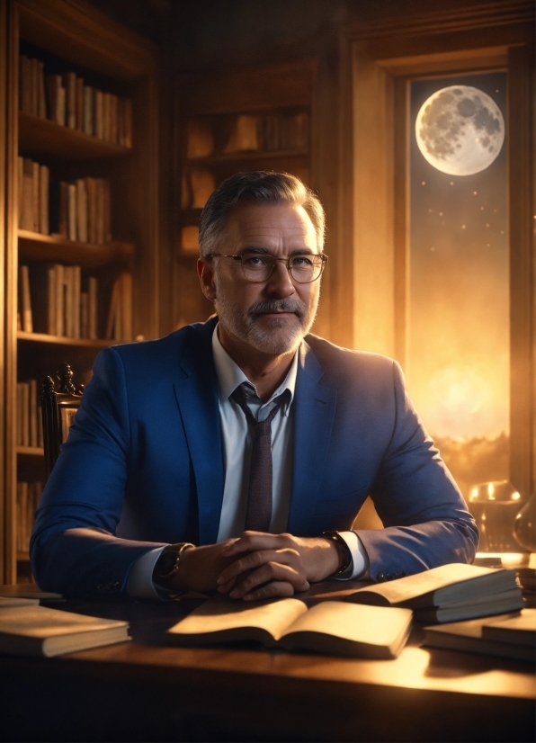 Glasses, Bookcase, Shelf, Moon, Suit, Window