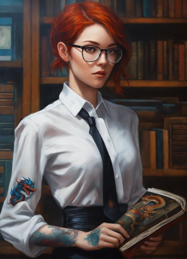 Glasses, School Uniform, Vision Care, Dress Shirt, Eyewear, Bookcase