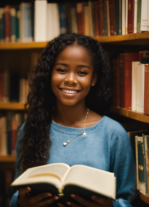 Smile, Hairstyle, Shelf, Bookcase, Book, Happy