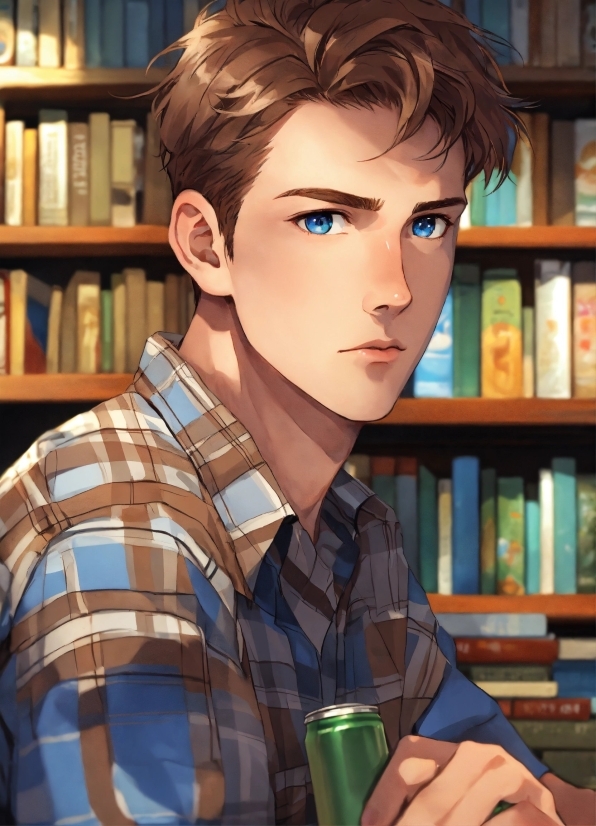 Forehead, Head, Bookcase, Shelf, Tartan, Eyelash