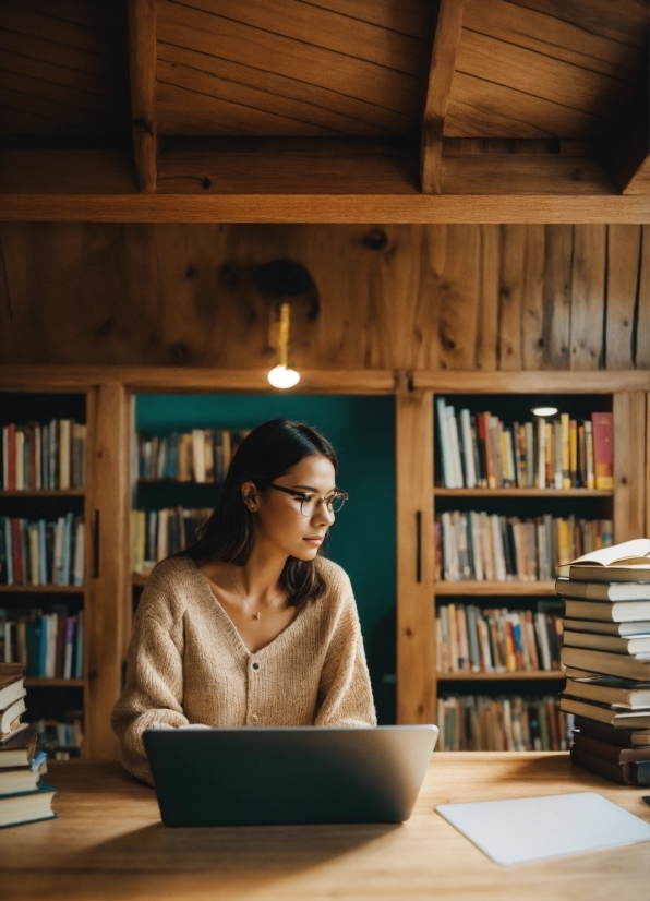 Bookcase, Shelf, Wood, Computer, Lighting, Laptop