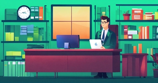 Computer, Table, Desk, Clock, Personal Computer, Cartoon