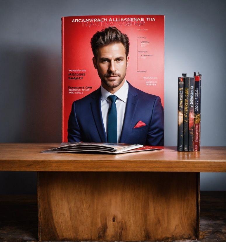 Furniture, Tie, Table, Beard, Publication, Blazer