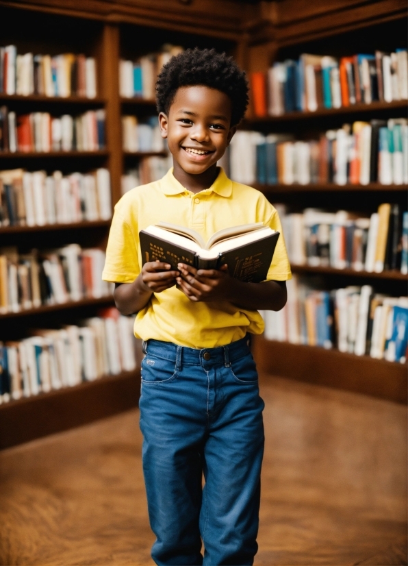 Clothing, Hair, Jeans, Head, Smile, Bookcase