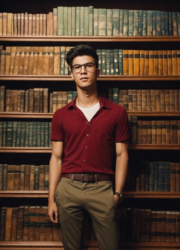 Chin, Bookcase, Shelf, Book, Human, Dress Shirt