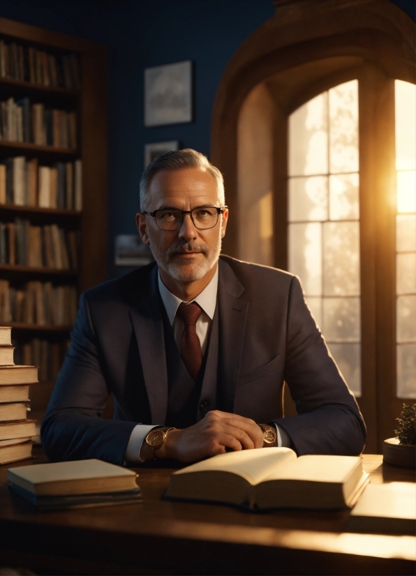 Glasses, Bookcase, Tie, Book, Table, Suit