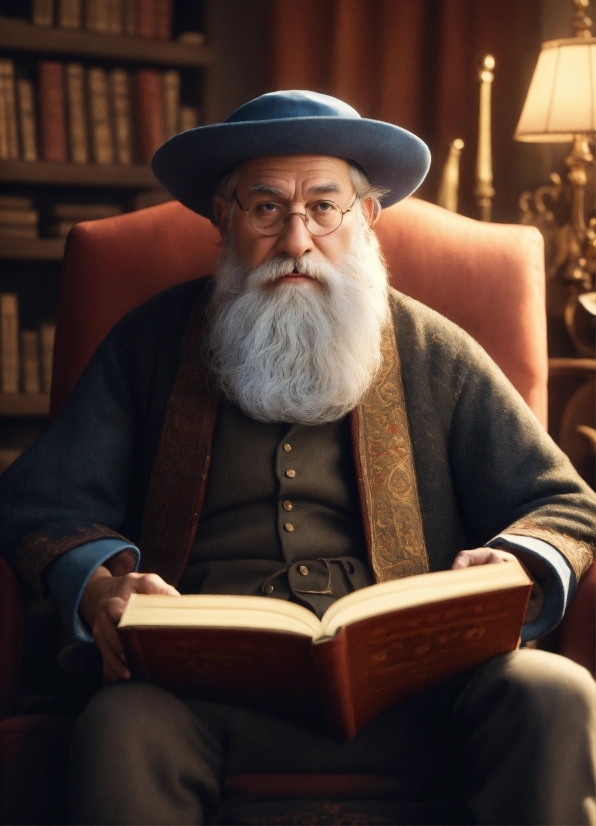 Beard, Hat, Facial Hair, Book, Moustache, Shelf