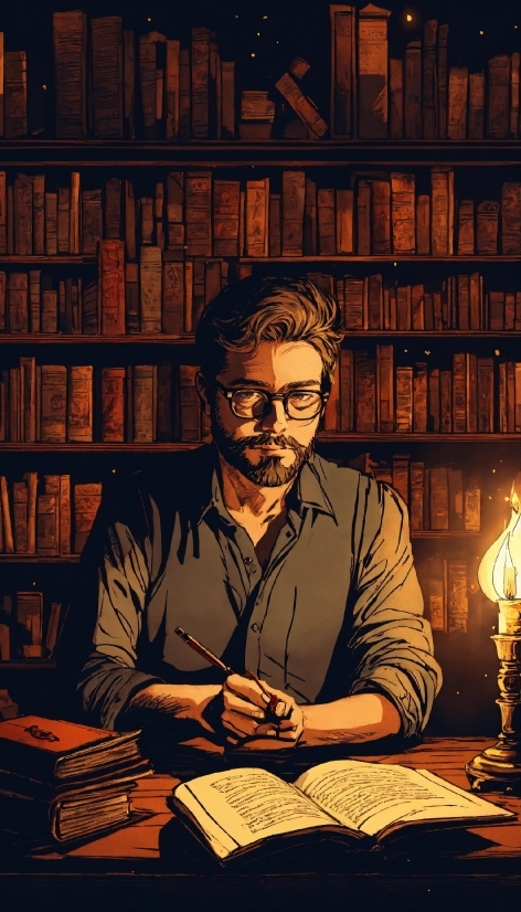 Human, Book, Shelf, Table, Eyewear, Art