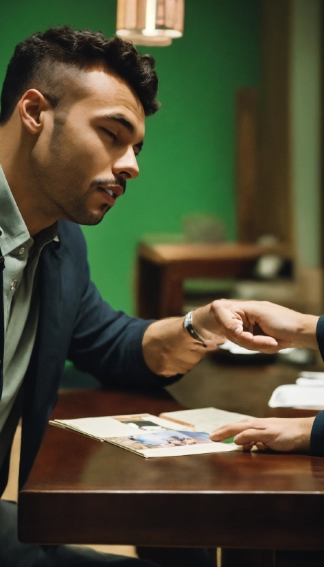 Watch, Hand, Gesture, Table, Collar, Blazer