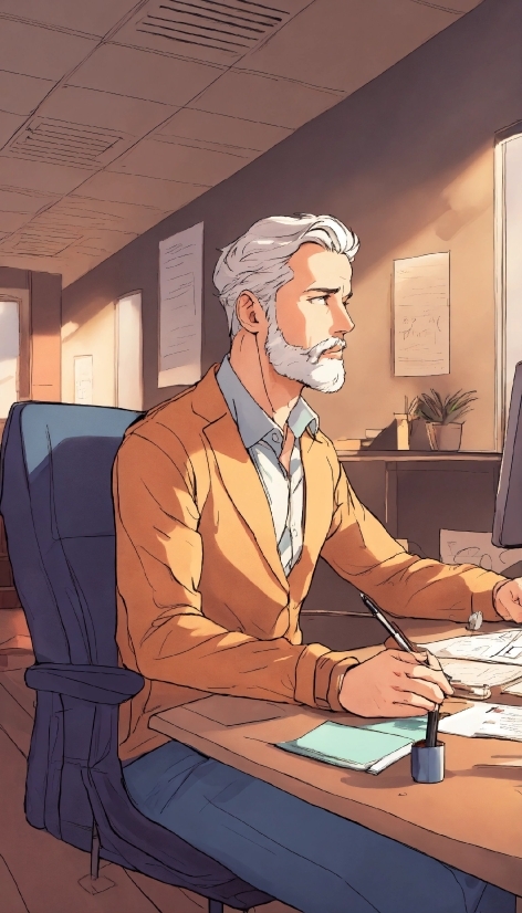 Table, Cartoon, Art, Desk, Beard, Drawing