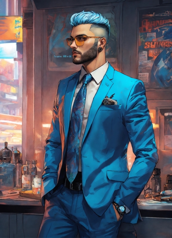 Blue, Dress Shirt, Beard, Sunglasses, Fashion, Sleeve