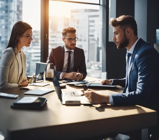 Table, Conference Room Table, Laptop, Interaction, Suit, Chair